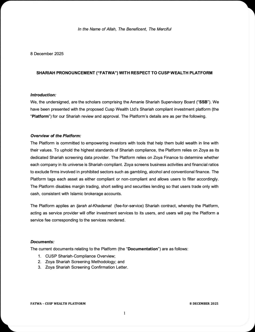 Shariah compliance certificate document